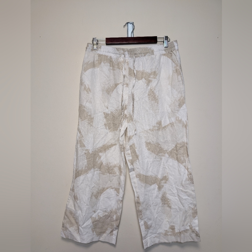 DKNY Pure Linen Blend Drawstring Pants – Abstract Neutral Print – Size Small